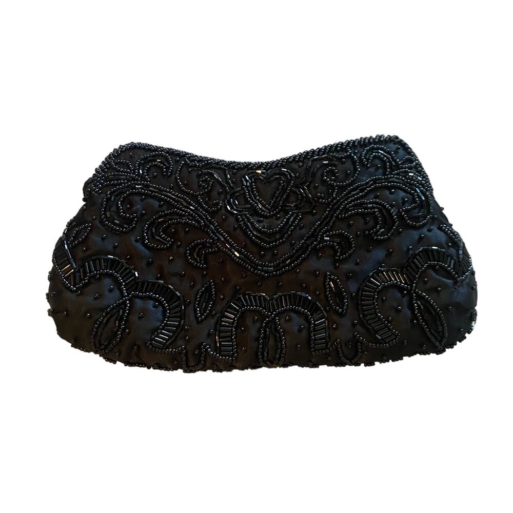 Vintage Beaded Front and Back - Black Satin Shoulder Bag Purse